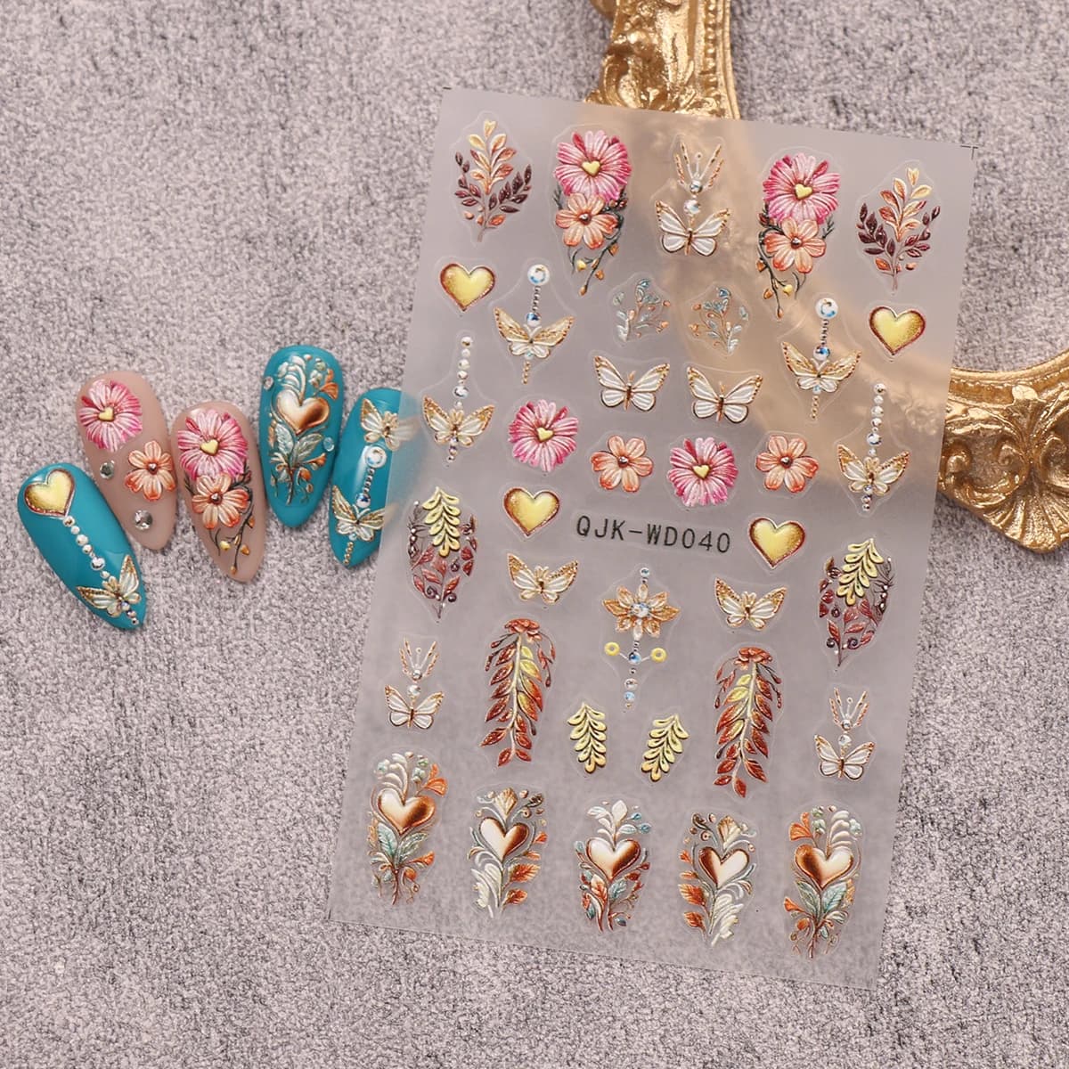 Autocollants pour nail art en relief à motif bohème, thème nostalgique rétro, décoration d'ongles fa