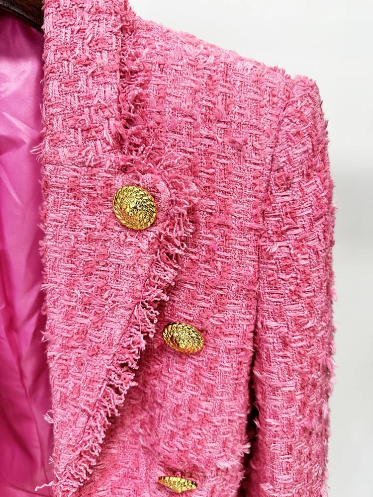 HIGH STREET Nouveauté 2026 FW Blazer en tweed pour femme, coupe ajustée, à franges et pompons, de cr