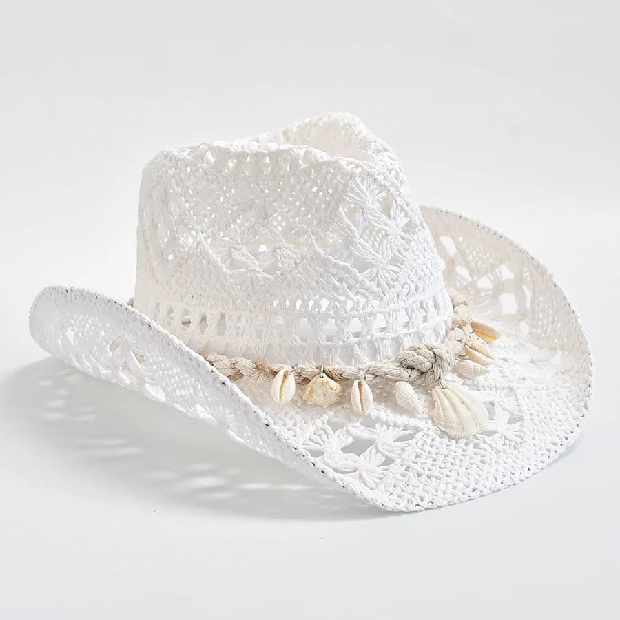 Chapeau de paille tissé à la main d'été pour femmes, décoration de coquille, chapeau de soleil de pl