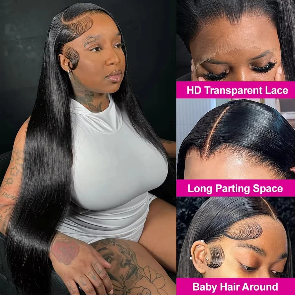 30 pouces 200 densité droite perruques de cheveux humains 13x6 Hd dentelle frontale perruque 360 den