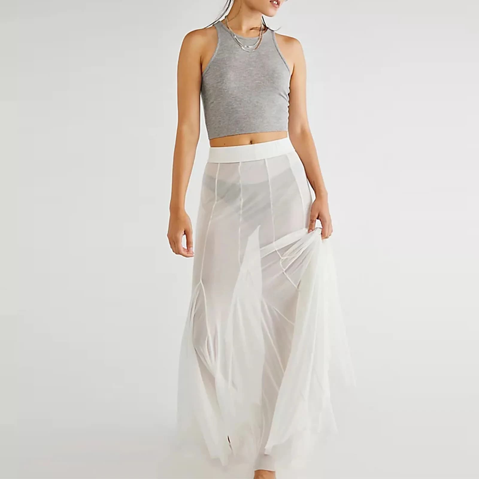 Jupes longues transparentes en maille pour femmes, taille haute élastique, ourlet à volants, jupes f