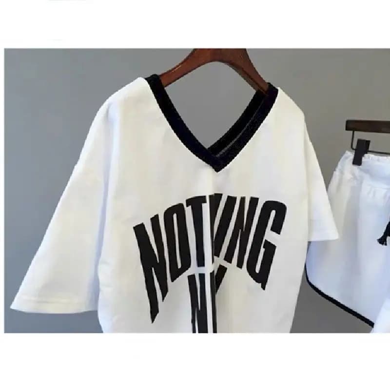 T-shirt manches courtes col en v pour femme, ensemble deux pièces, décontracté, ample, mode, été