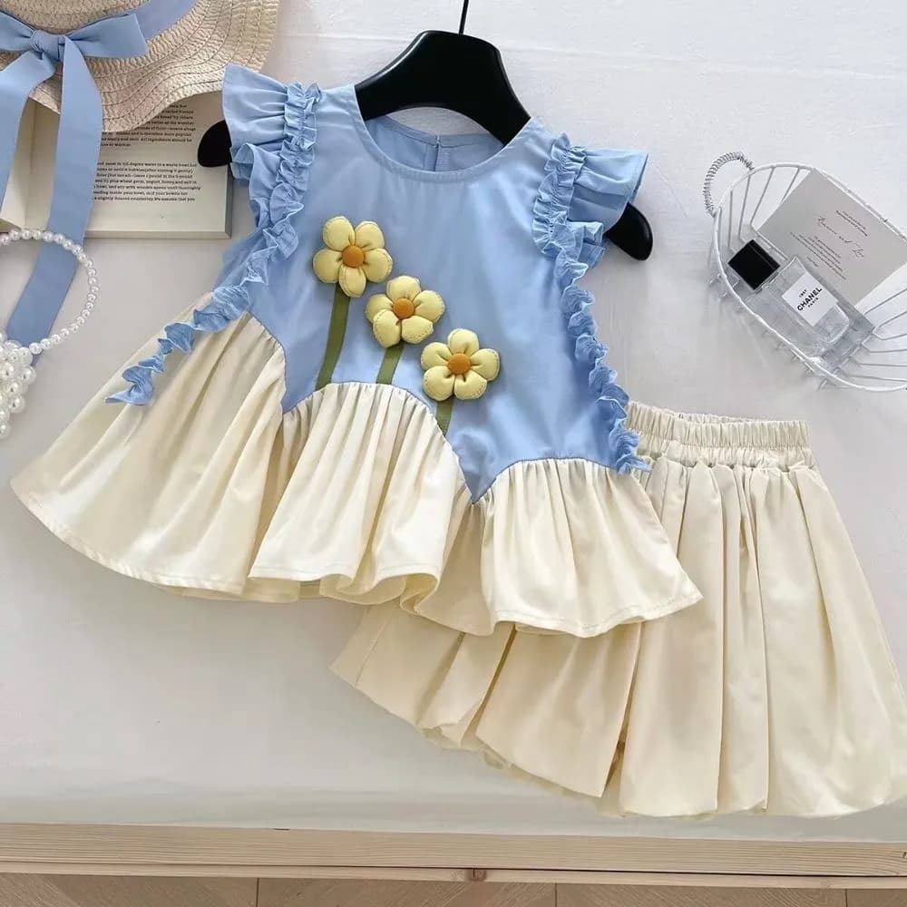 Ensemble deux pièces t-shirt à manches volantes + short, décontracté, Patchwork de fleurs 3D, vêteme