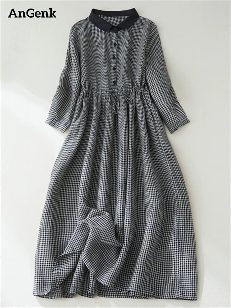 Robe longue décontractée pour femme, style japonais, patchwork noir et blanc à carreaux, collection 
