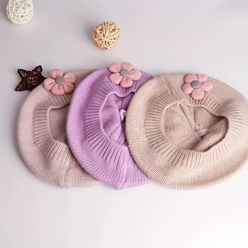 Béret à fleurs pour bébé, bonnet tricoté chaud d'hiver pour nourrissons filles, casquettes de peintr