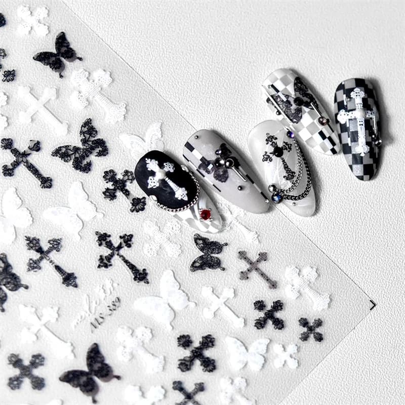 Femme Sexy noir blanc dentelle papillon croix 5D doux en relief Relief auto-adhésif Nail Art décorat