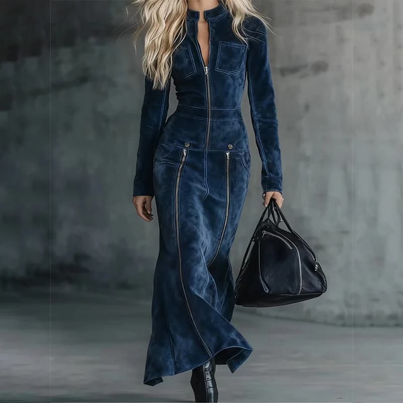 Robe longue moulante en suède à manches longues pour femme, style vintage, unie, avec fermeture écla