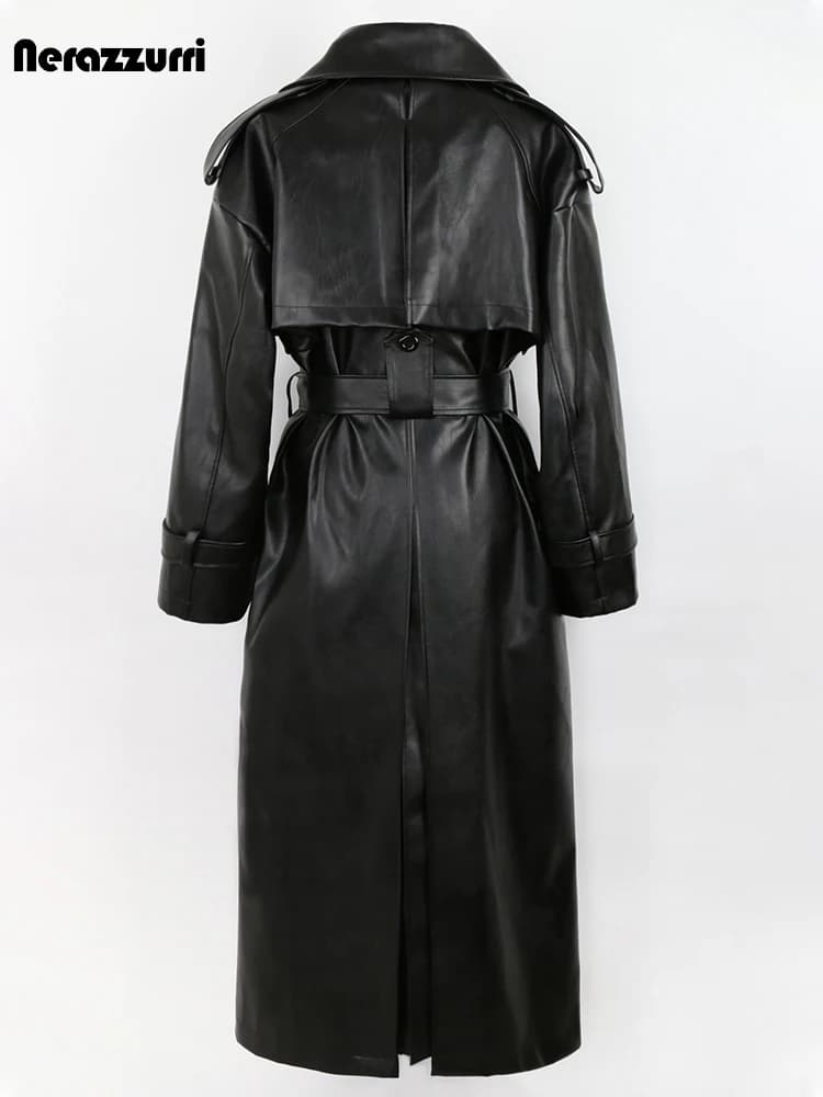 Nerazzurri – Trench-Coat en cuir Pu noir pour femme, Long, surdimensionné, ceinture Double boutonnag