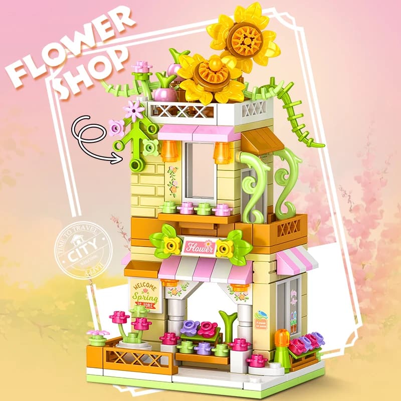 Blocs de construction de ville, magasin de fleurs, magasin de tournesol, ensemble de modèles de mais