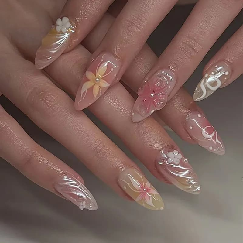 24 pièces amande faux ongles conseils été plage ongles colorés ensembles avec perle fleur conception