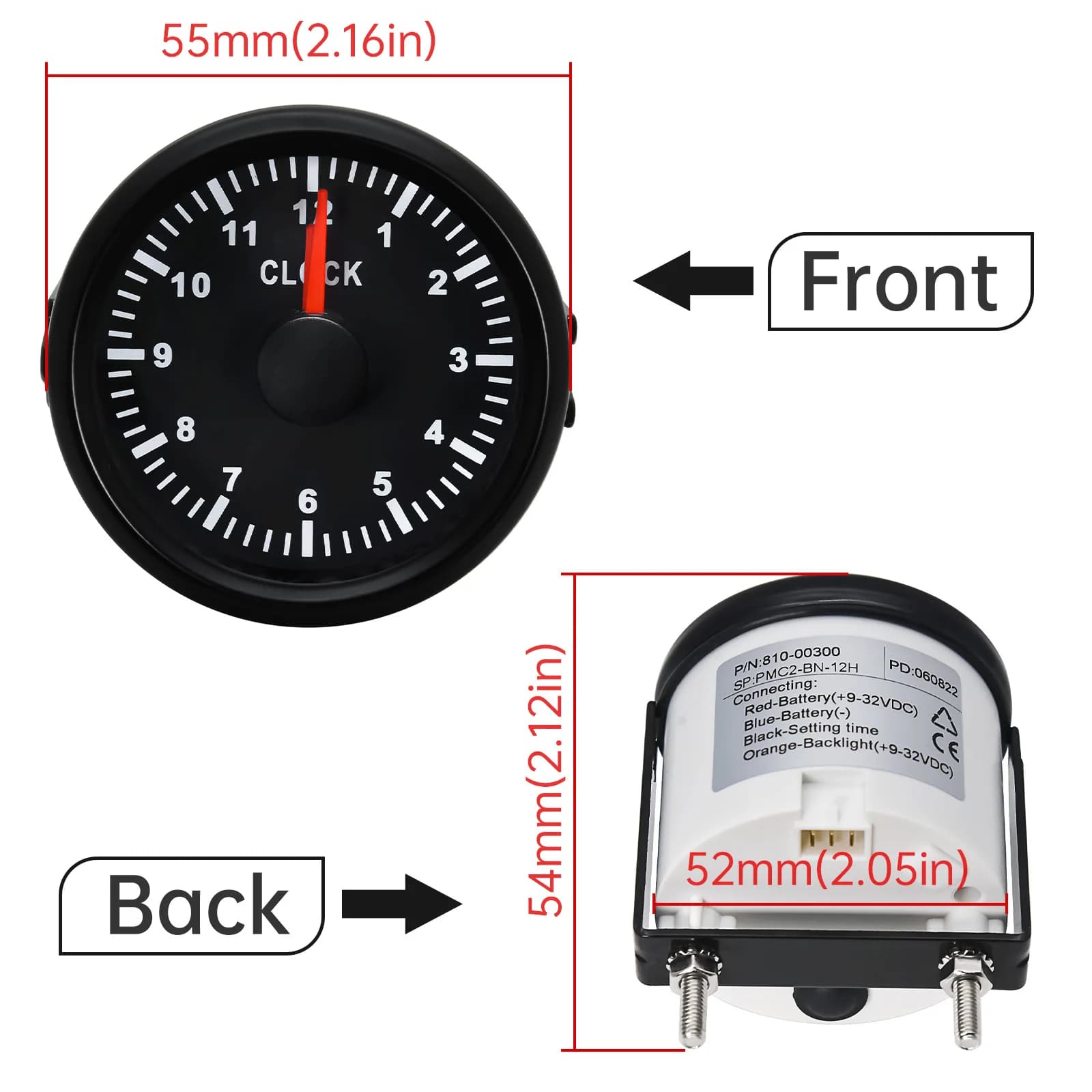 Jauge d'horloge personnalisée 52mm 2 pouces, 12 heures pour voitures, bateau, camion, rétro-éclairag