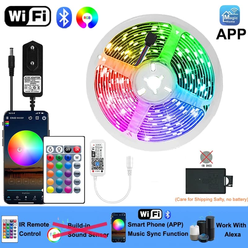 Bande lumineuse LED pour décoration de chambre, intelligente, Bluetooth, Wifi, RGB 5050, adhésive, 1