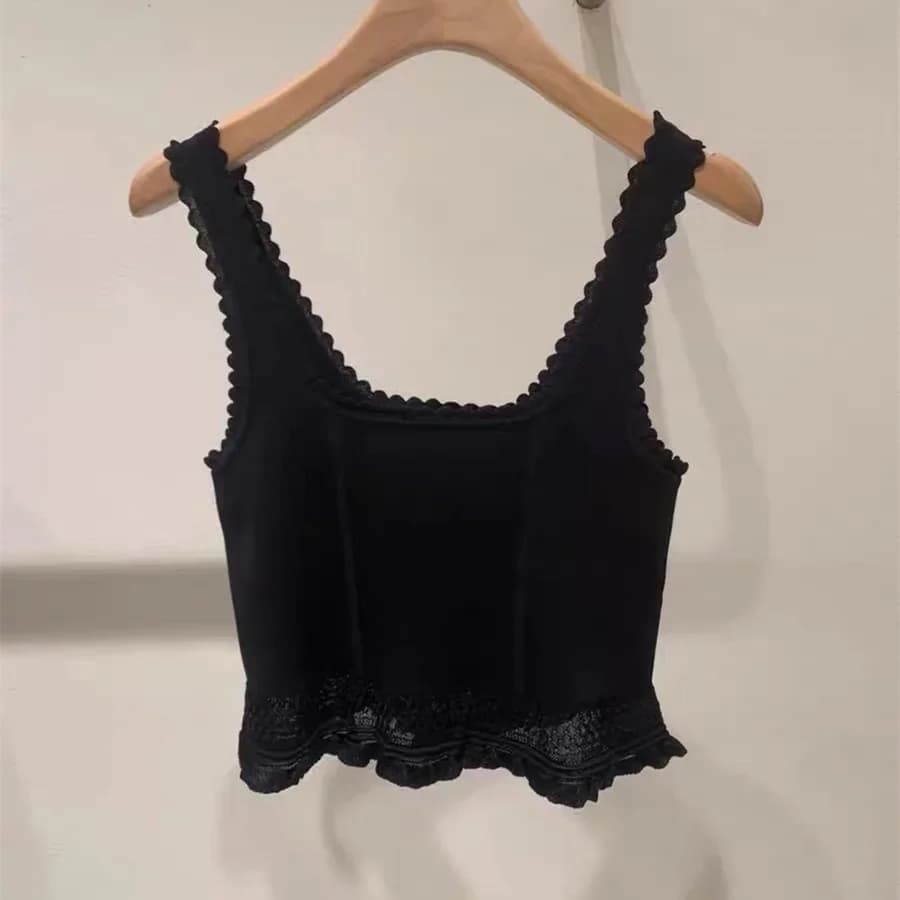 Gilet en tricot noir pour femmes, débardeur à col carré ou taille élastique, pantalon évasé Slim, en