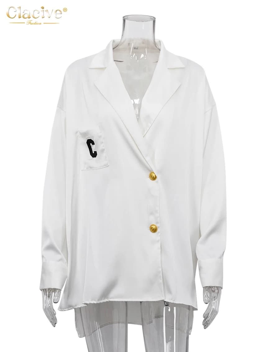 ClacMarkets-Chemisier Élégant à Manches sulfpour Femme, Vêtement de Bureau Blanc, Décontracté, à Rev