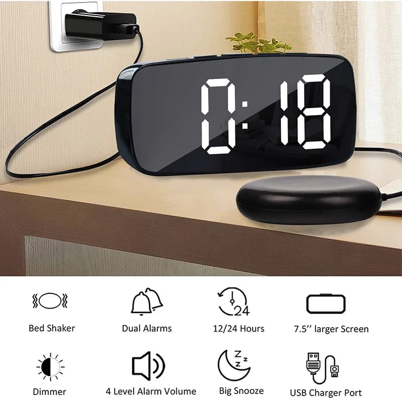 Réveil vibrant Super fort avec secoueur de lit, double USB multifonctionnel pour dormir lourd, sourd
