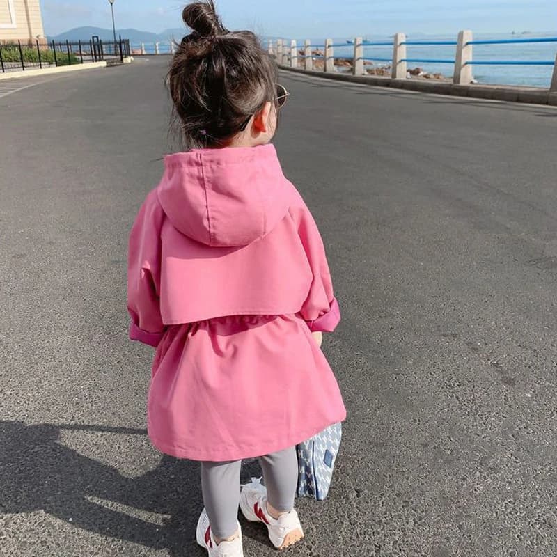 Veste coupe-vent à capuche rétractable pour filles, style long, collection printemps-automne, très v
