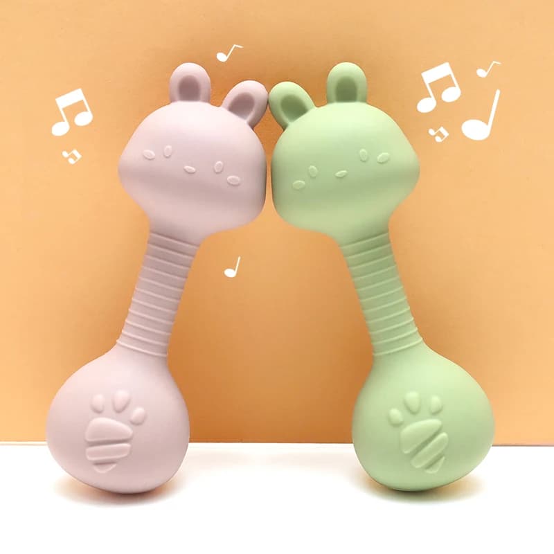 Anneau de dentition hochet en silicone pour bébé lapin de qualité alimentaire – Forme d'haltère pour