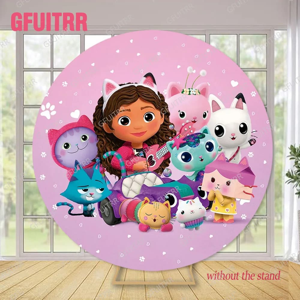 Décor de fête d'anniversaire pour filles, fond rond rose Gabbyy House, décoration de fête de bébé, c