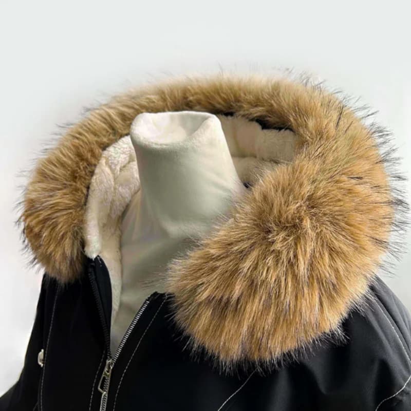 Manteau d'hiver à capuche avec bordure en fausse fourrure, col en fourrure pelucheuse, col en fourru
