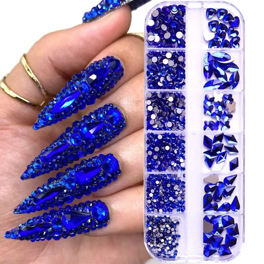 Strass pour Nail Art bleu saphir, 12 grilles, multi-formes, pierres précieuses en cristal, breloques