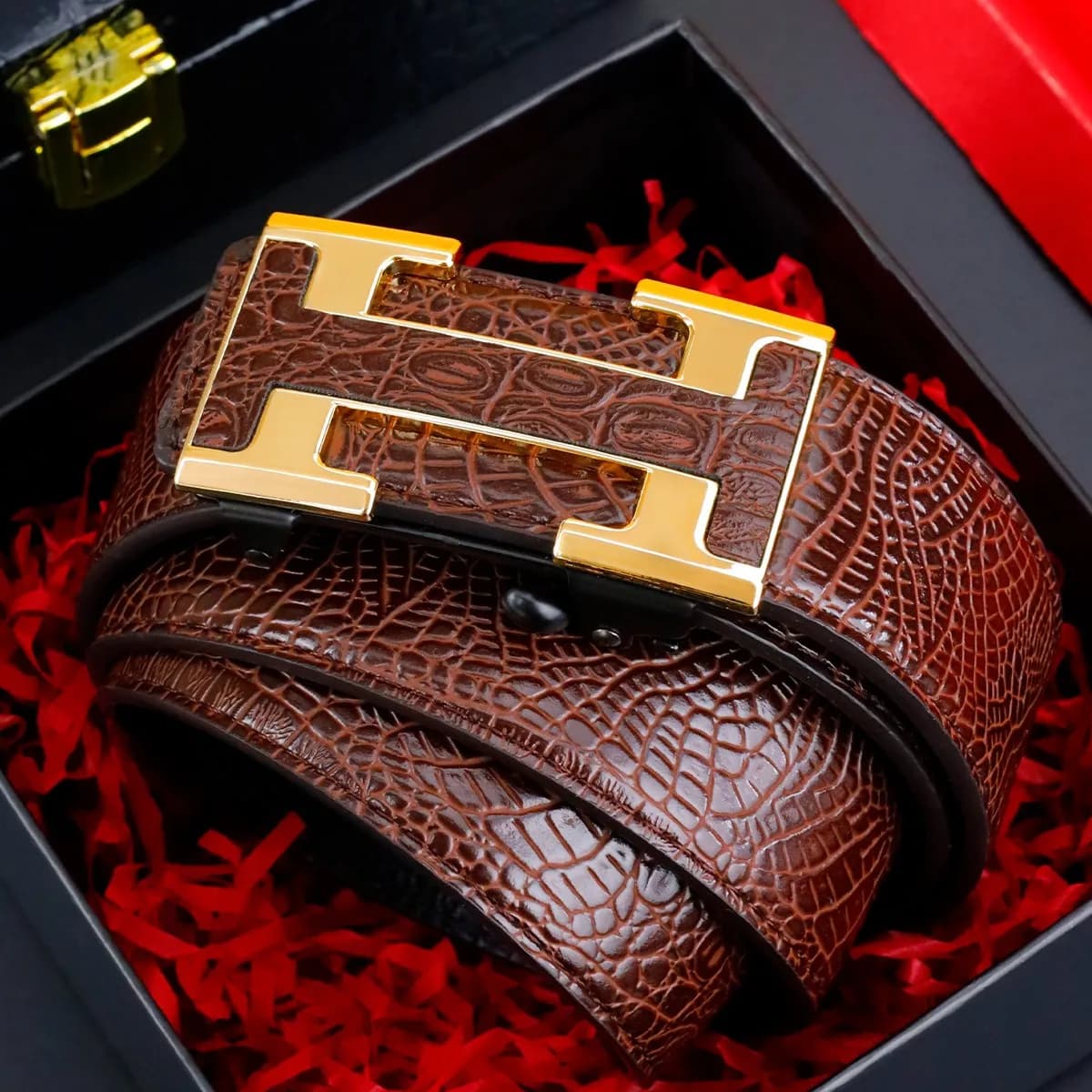 Ceinture élégante à boucle automatique pour hommes – Véritable motif carré texturé en faux, noir, de