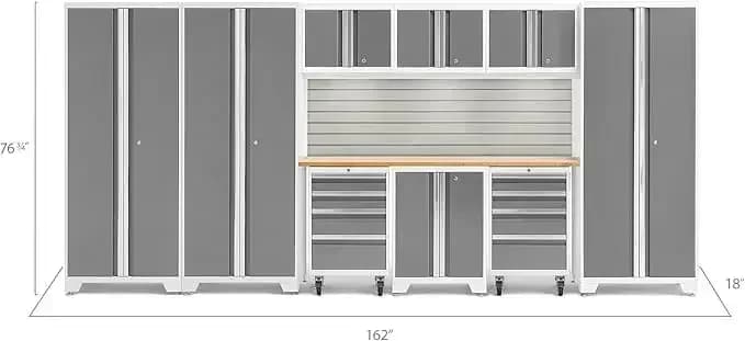 Offre Spéciale : Série Bold, Ensemble de 10 Armoires de Garage en Acier Gris avec Plan de Travail en