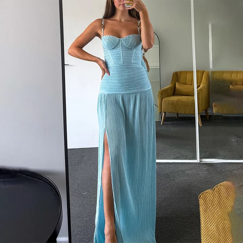 Robe longue de soirée plissée, Sexy, bretelles Spaghetti, sans manches, plis, fente haute, Slim, ten