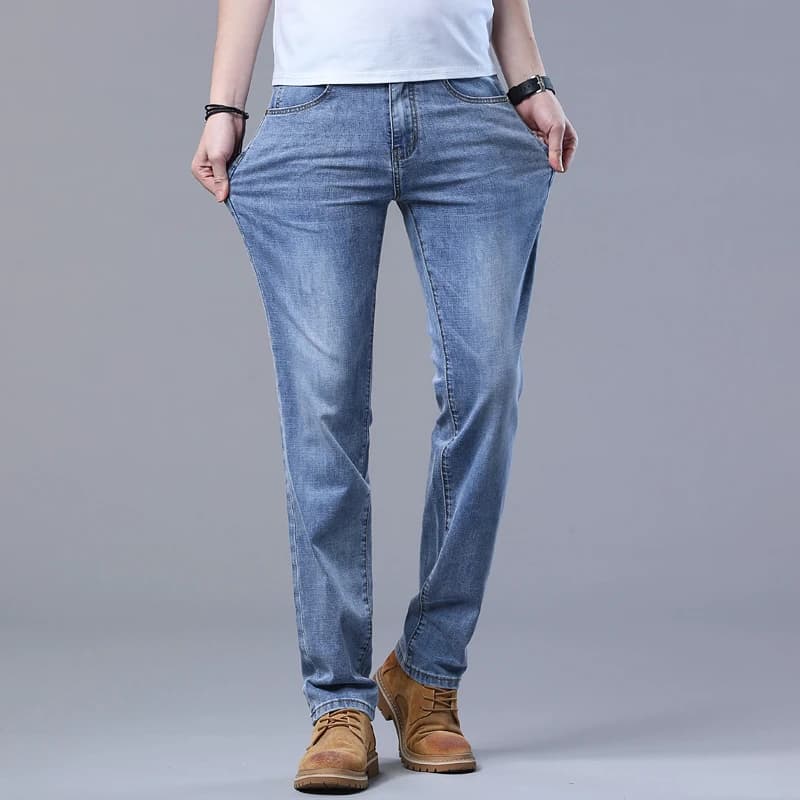 Printemps hommes bleu clair jean mince élégant décontracté tissu extensible Denim pantalon classique