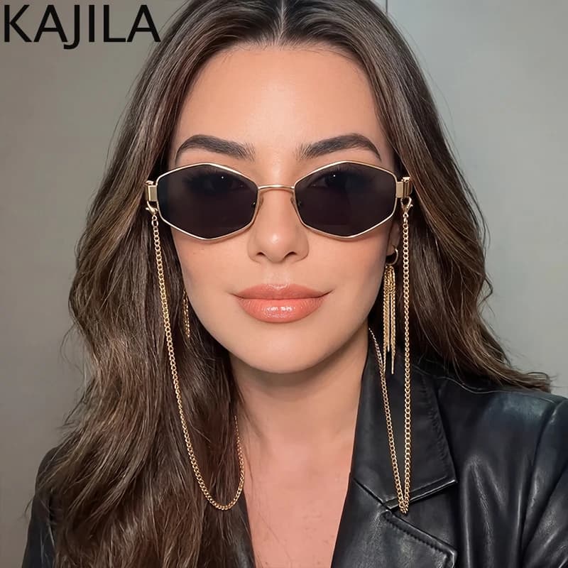 Lunettes De soleil hexagonales à petite monture pour femmes, Sexy, avec chaîne, marque De luxe De st