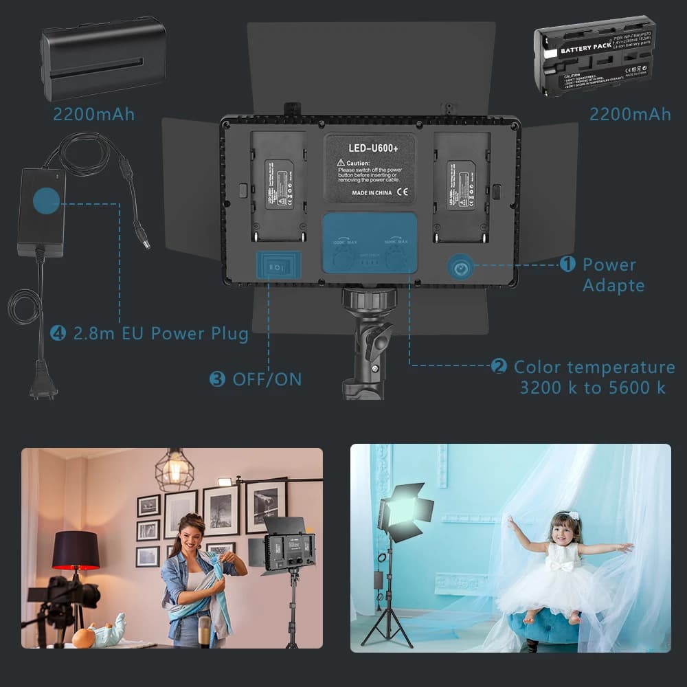 Nagnahz U800+ LED Video Light Photo Studio Lampe Bicolore 2500K-8500k Dimmable avec Trépied Télécomm