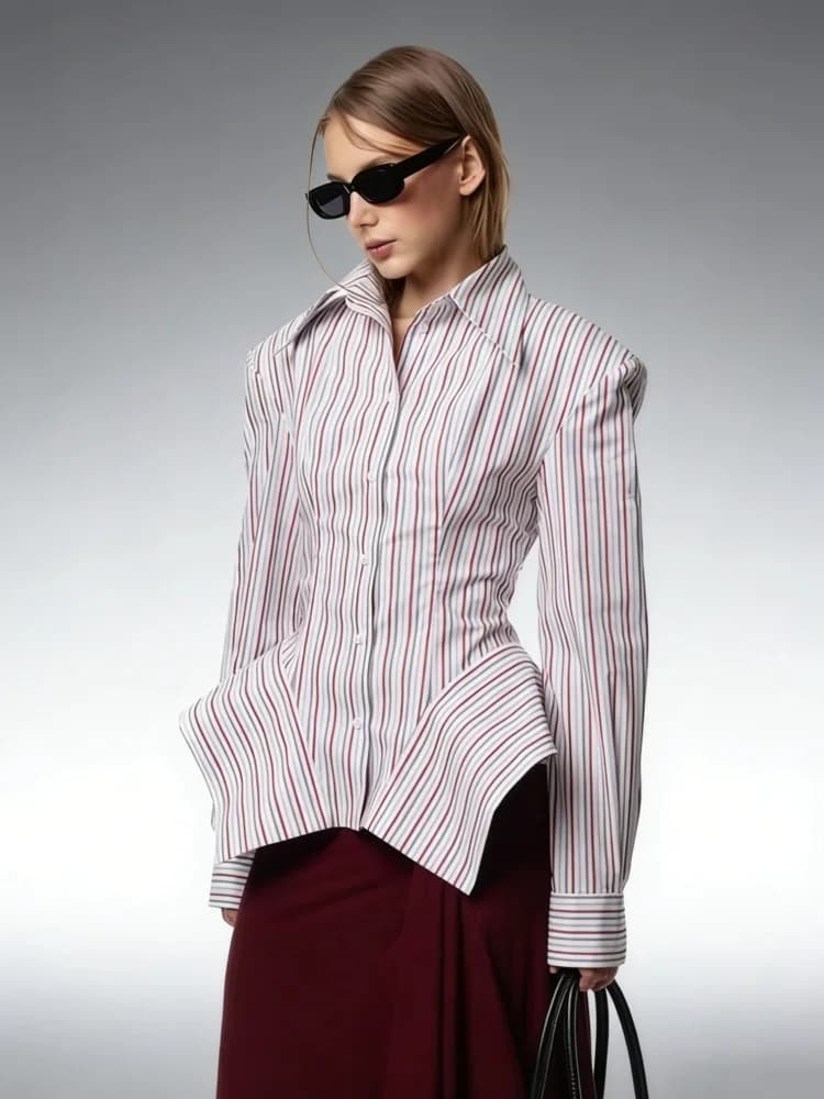 Chemisier rayé élégant DFDG pour femme, collection Printemps-Été 2026, col pointu, manches longues, 