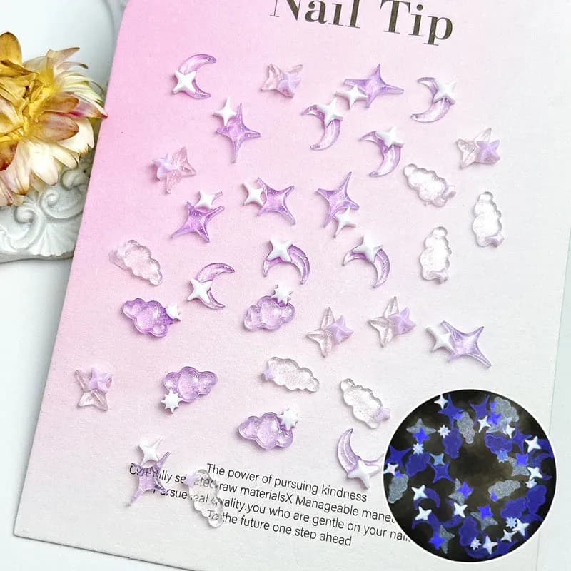 Breloques en résine transparente pour Nail Art, lune, nuage, blanc, violet, étoile à quatre branches