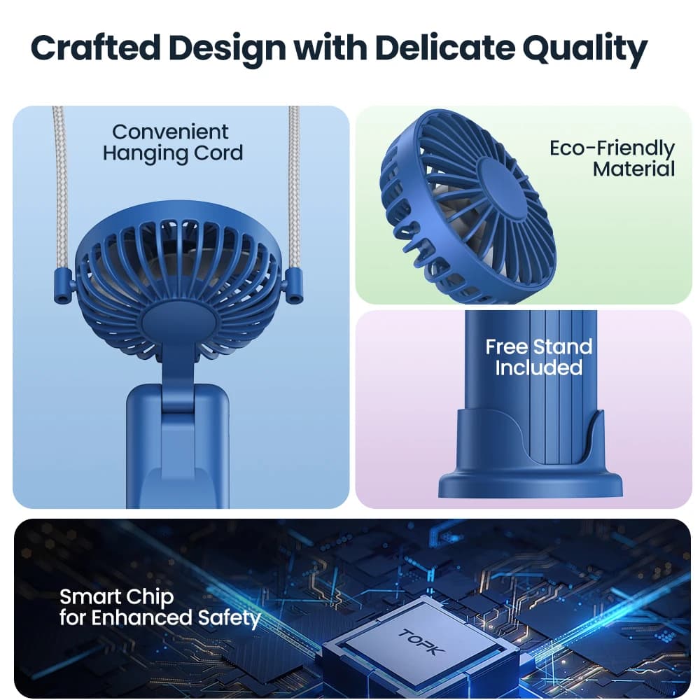 TOPK-Mini ventilateur de poche portable, aste par USB, 5000mAh, 3 vitesses, avec lanière et base, pl