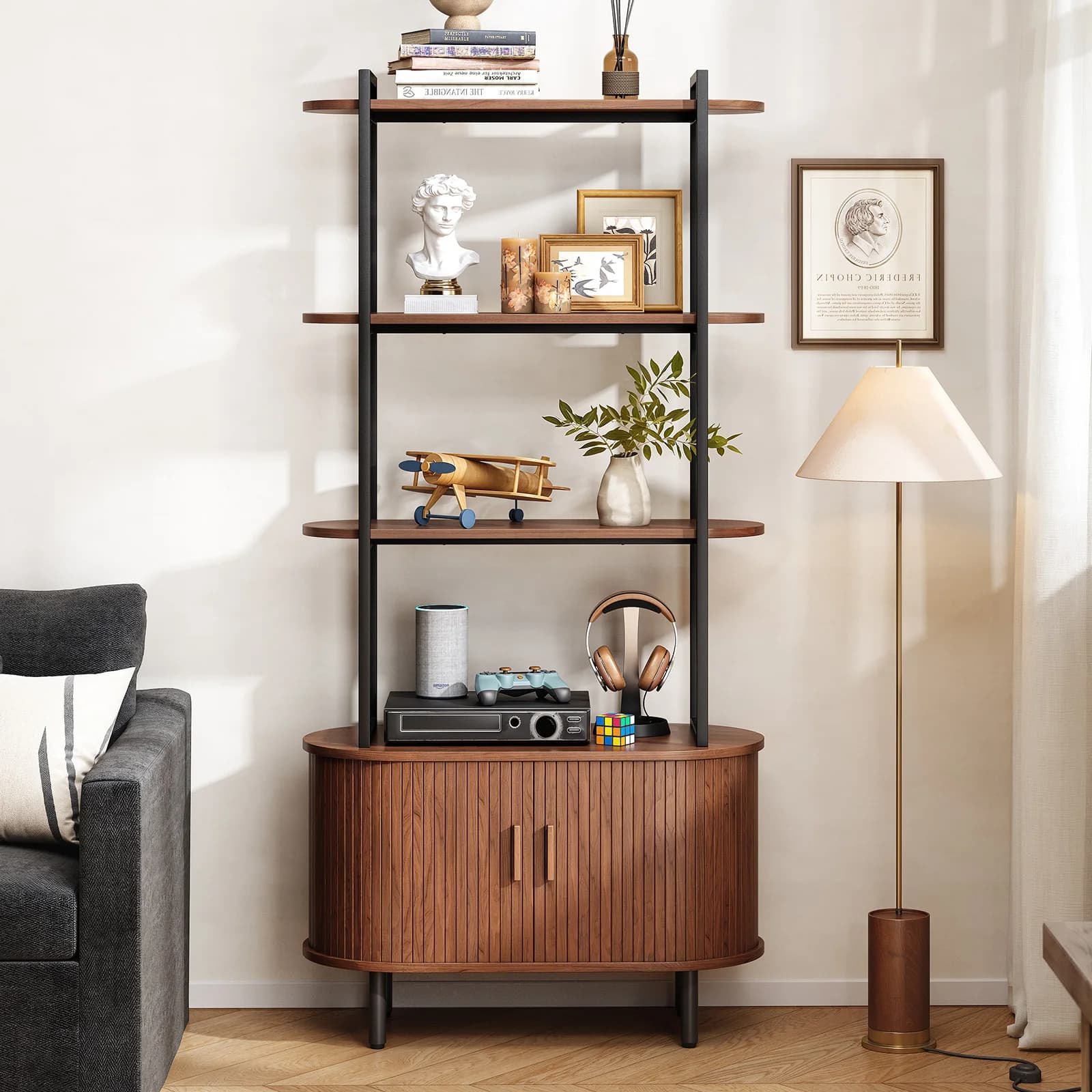 Bibliothèque de 71 pouces de hauteur, étagère à livres à 4 niveaux avec armoire de rangement, biblio