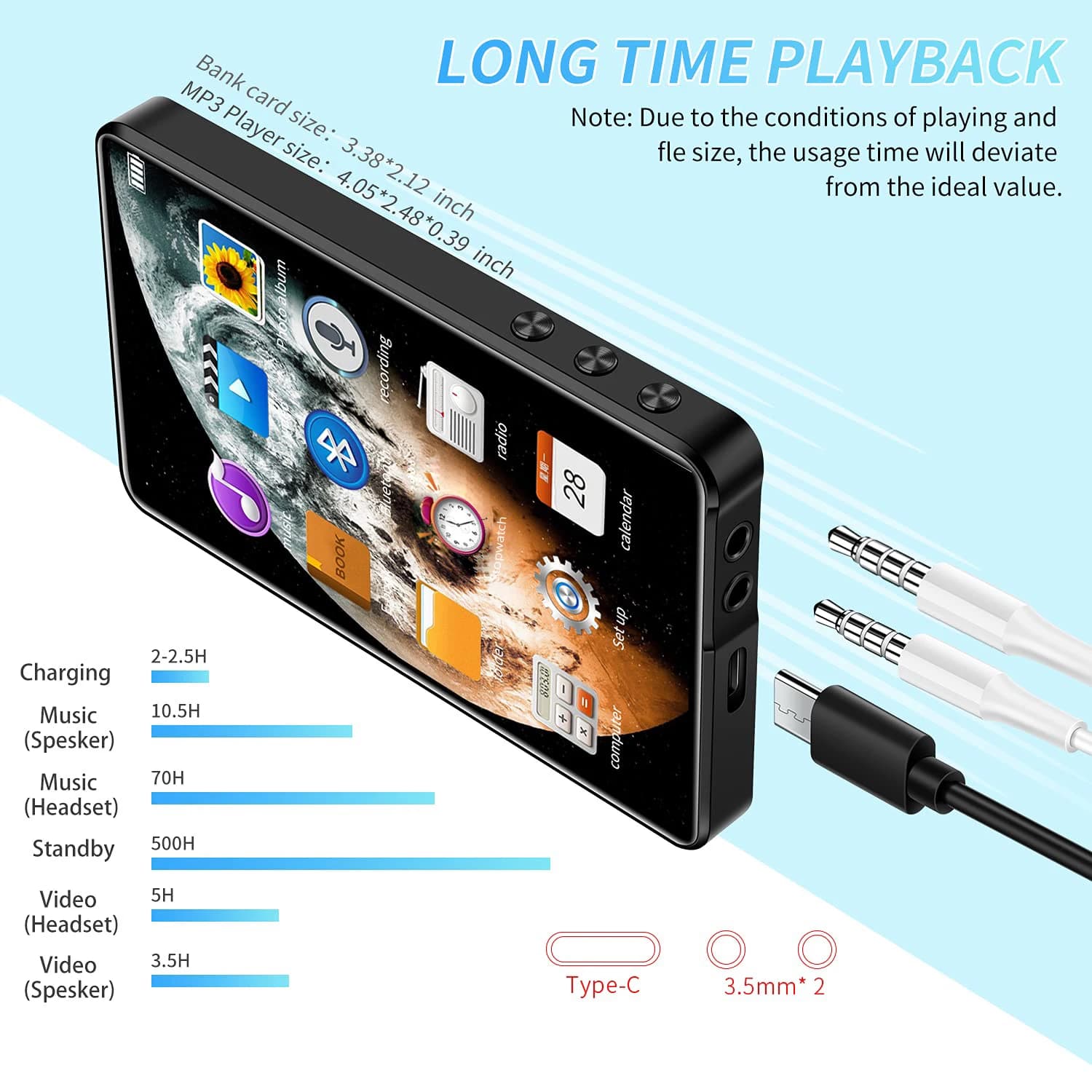 Yophoon X20-New biom4 pouces plein écran tactile lecteur MP3 MP4 16 Go avec haut-parleur 1080P vidéo