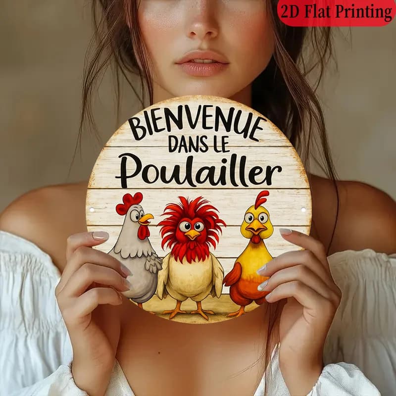 Panneau de bienvenue pour poulailler, 20,32x20,32 cm, circulaire, en aluminium 2D, style ferme vinta