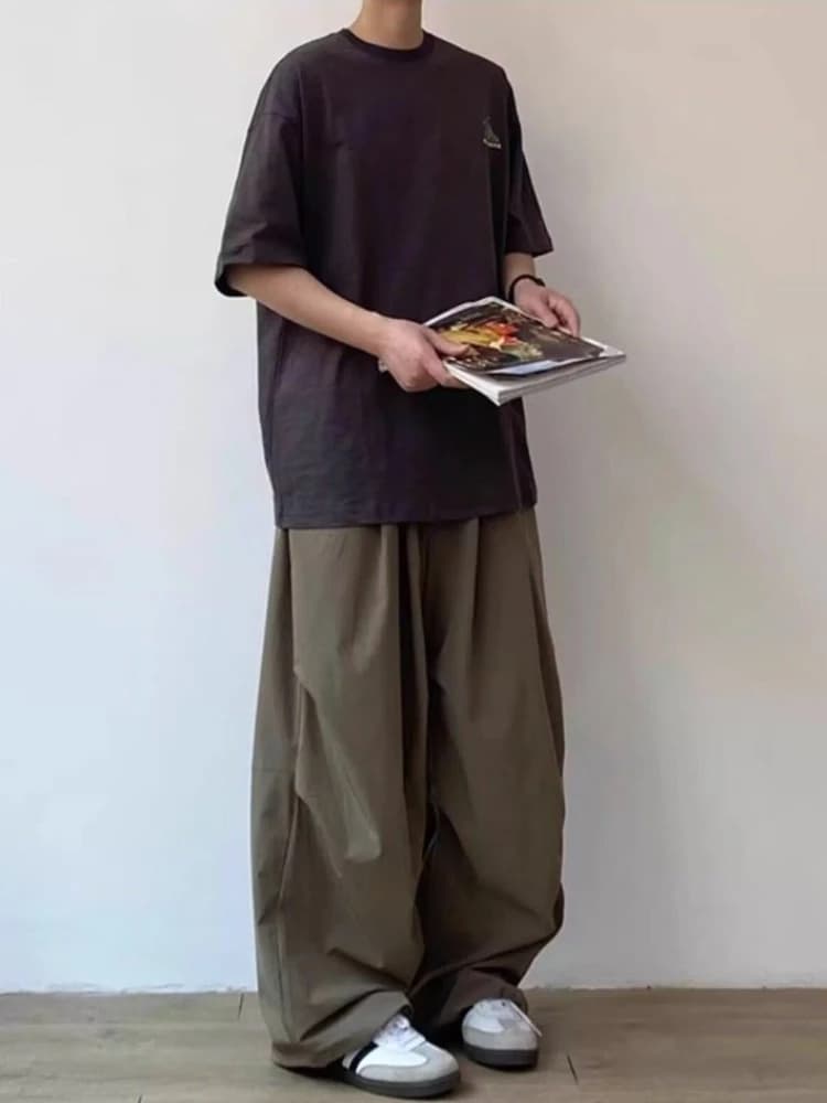 Pantalon décontracté unisexe plissé ample taille élastique coupe droite couleur unie style vintage j