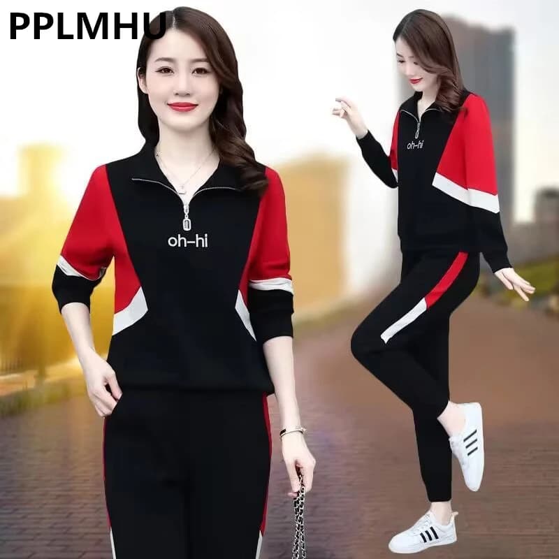 Survêtement patchwork à col montant pour femme, grande taille, 80kg, ensemble 2 pièces, sweat-shirt 