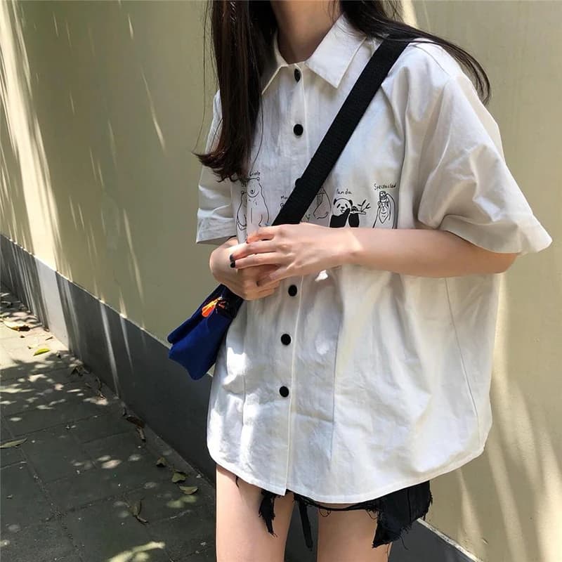 Chemise à Manches Courtes pour Femme, Streetwear, Imprimé de Dessin Animé, Mode Coréenne, Blanc, Été
