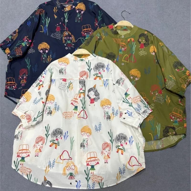 JohnMobyJapanese-Chemises courtes en coton pour femmes, chemisier en Y, mince, décontracté, simple, 