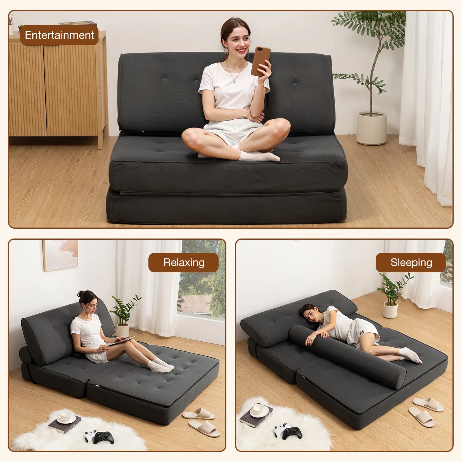 Canapé-lit pliant 3 en 1, canapé-lit Convertible avec 2 oreillers, matelas pliable avec Support dors