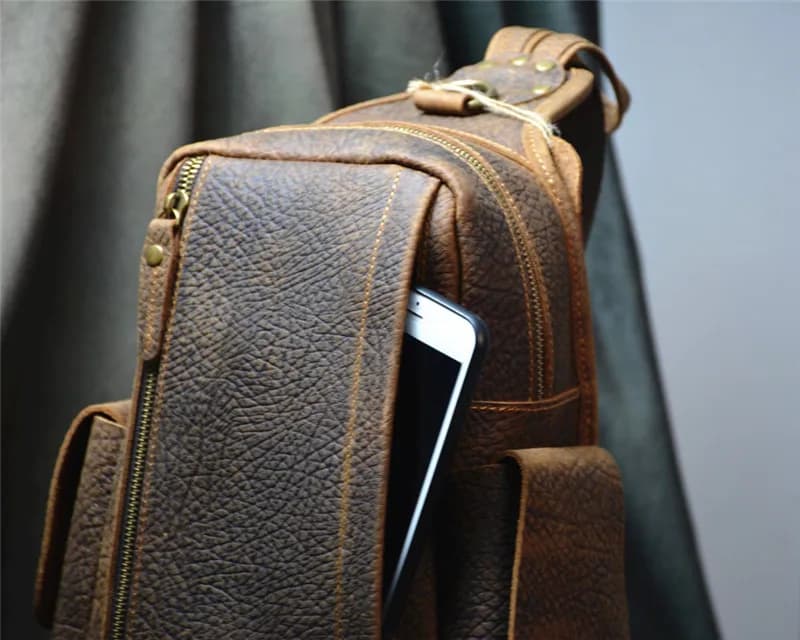 PNDME – sac de poitrine rétro en cuir véritable pour hommes, sac à bandoulière multifonctionnel en c