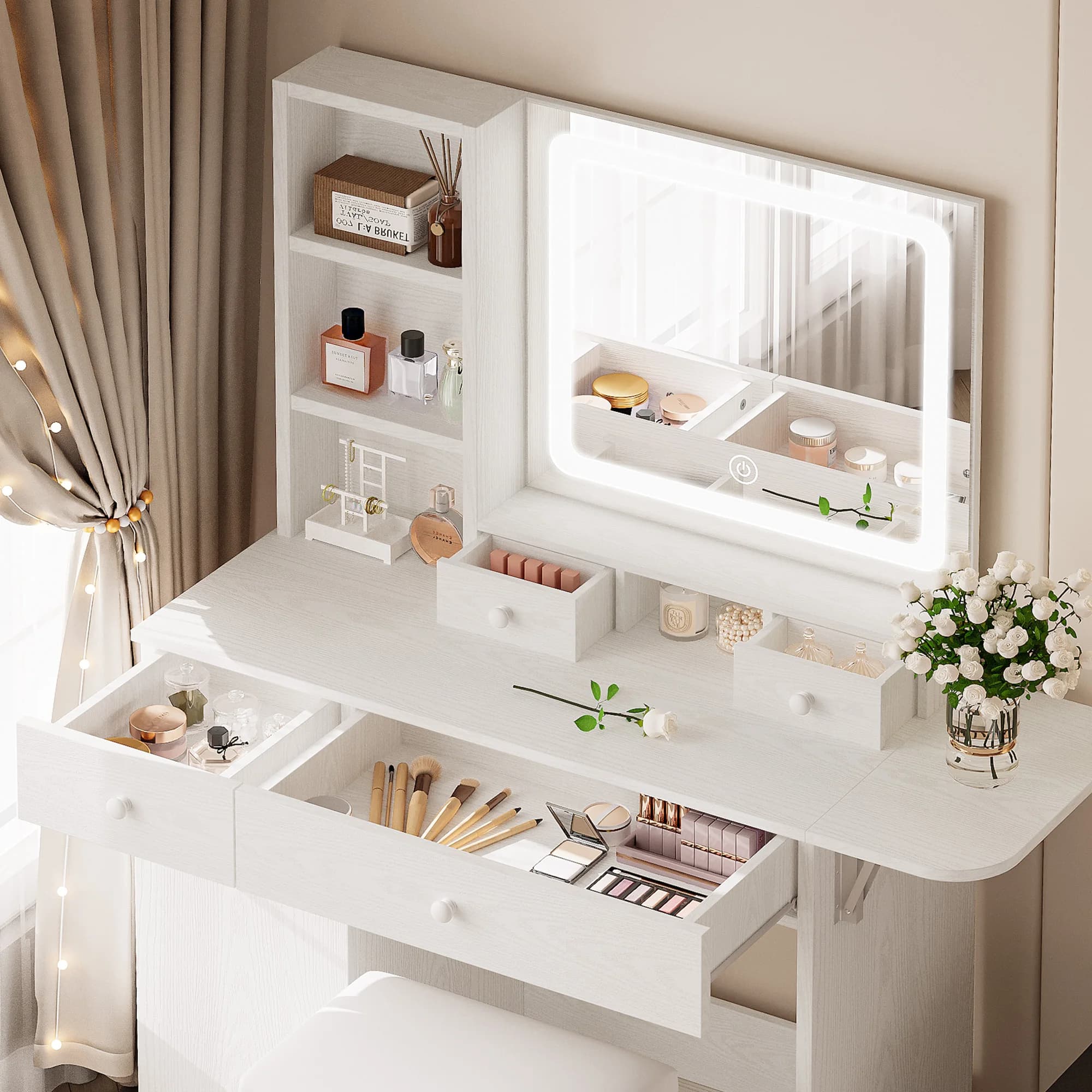 LIKIMIO-Bureau de courtoisie avec miroir 4.2 par LED, prise de courant et armoire, tabouret de range