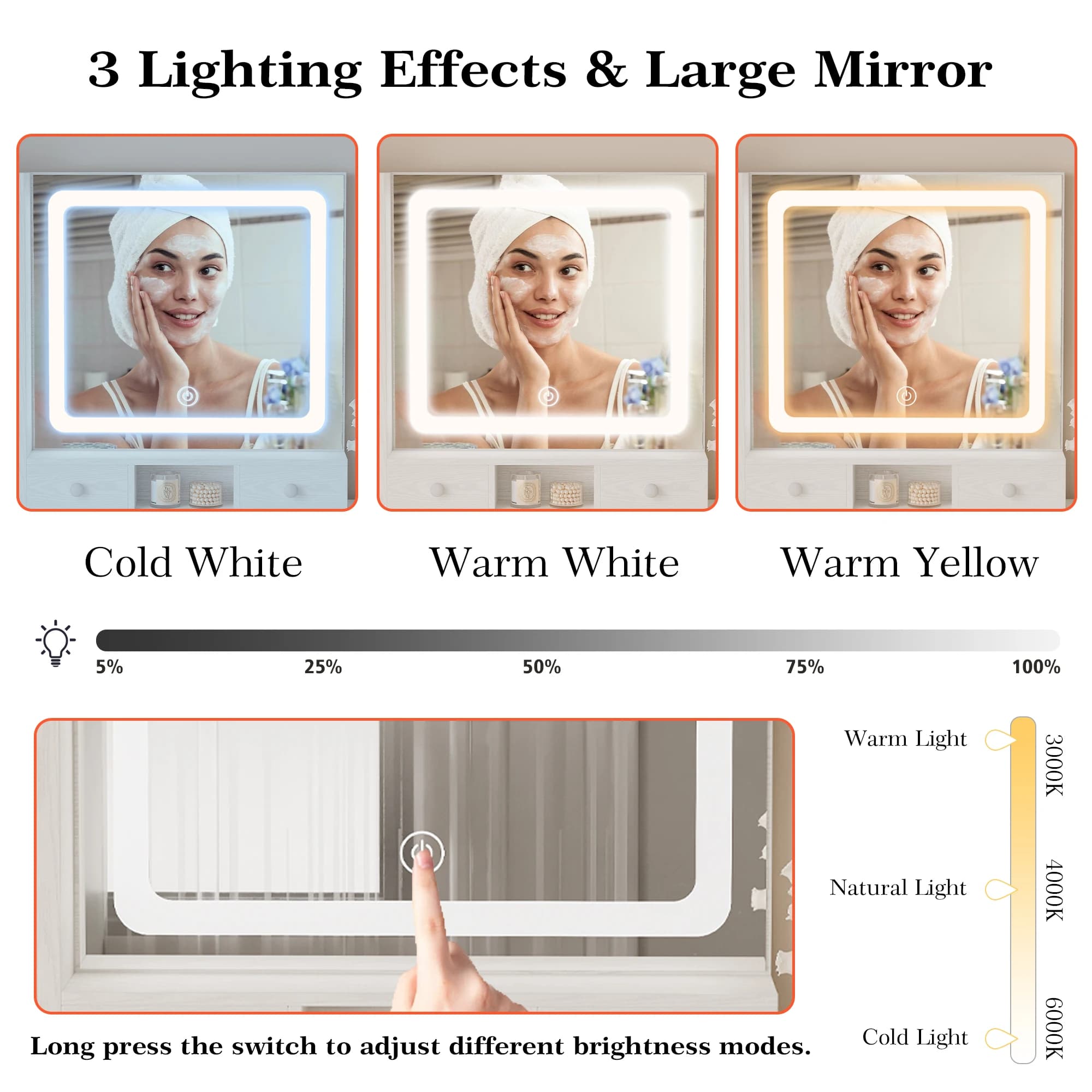 LIKIMIO-Bureau de courtoisie avec miroir 4.2 par LED, prise de courant et armoire, tabouret de range
