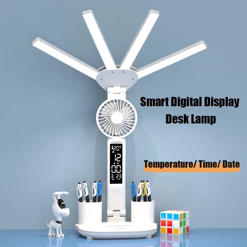 Lampe de bureau multifonctionnelle 3 en 1, lampe de bureau LED pliante à quatre têtes avec ventilate