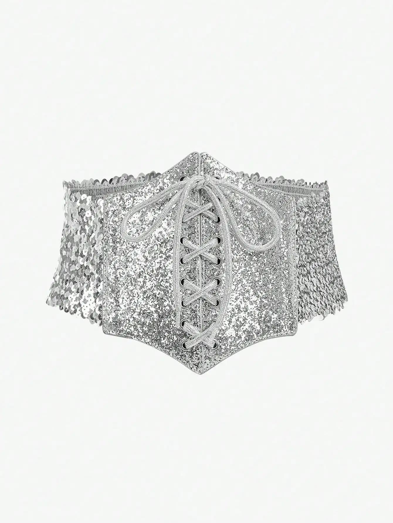HERSHINE Ceinture à paillettes argentées pour femme, accessoire de costume de performance élégant, j