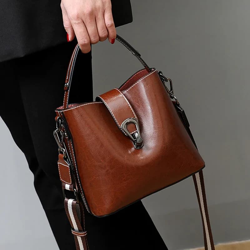Sac seau en cuir véritable ciré d'huile pour femmes, sac à main décontracté et Simple, grande capaci