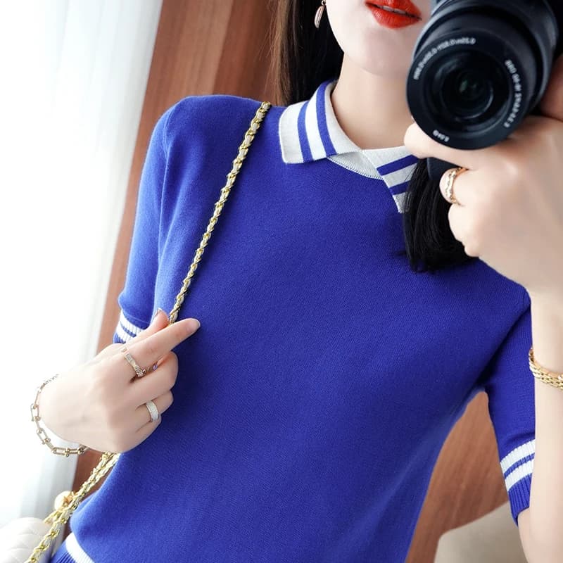 T-shirt tricoté 100% coton pour femmes, pull à manches courtes, décontracté, couture à revers, grand
