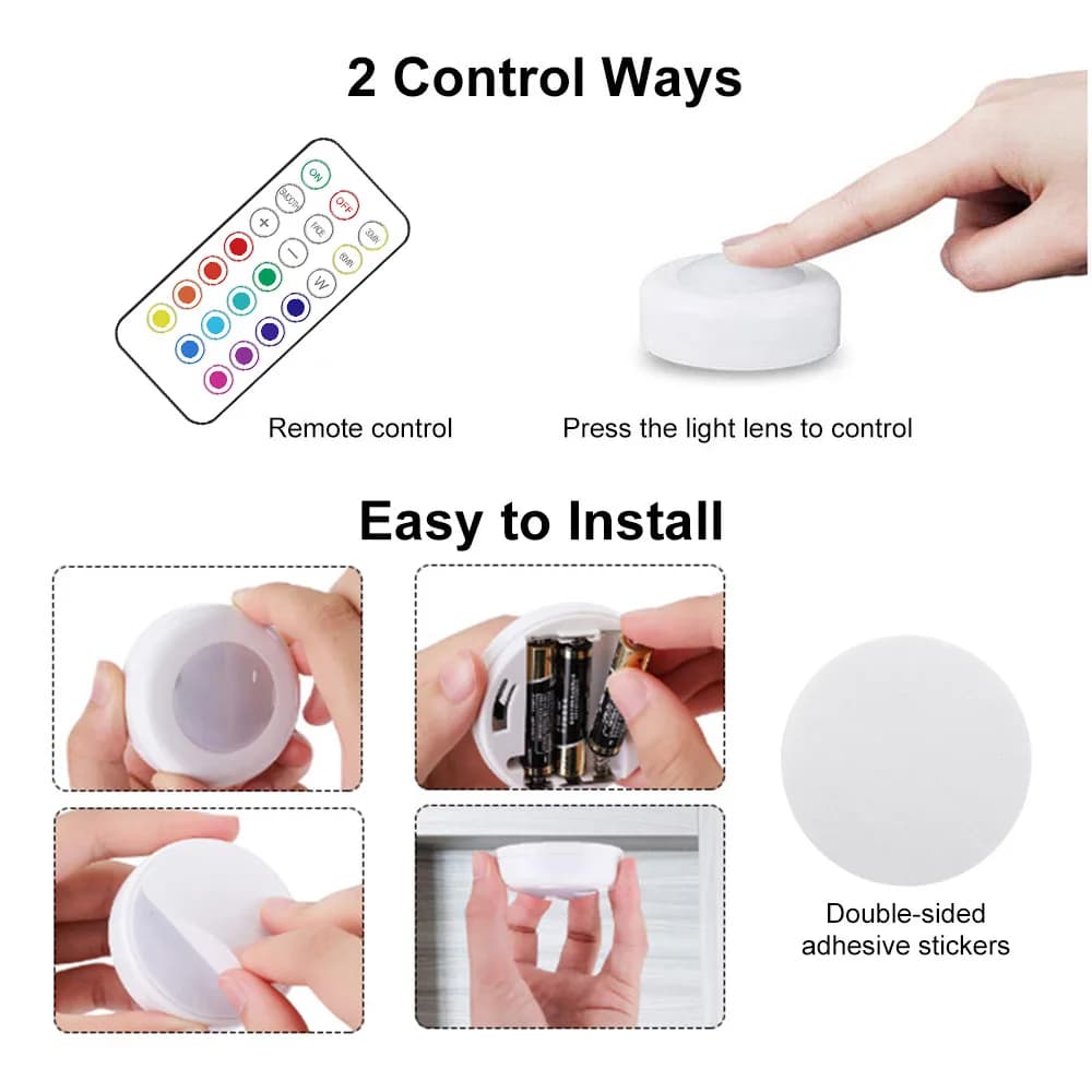 Rondelle lumineuse LED RVB avec télécommande, lampe de nuit à intensité variable, lampes à coller po