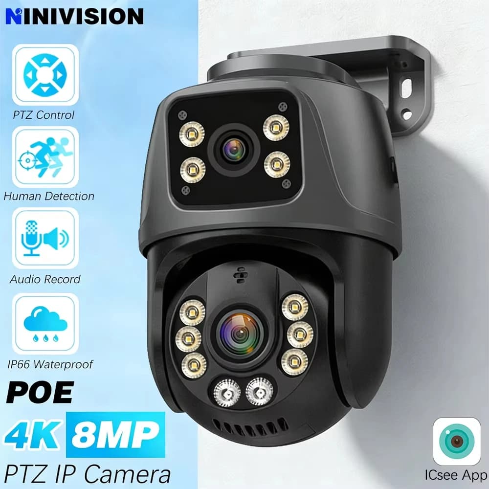 ICsee 8MP double objectif dôme PTZ caméra WIFI + POE IP Rj45 surveillance de sécurité réseau 360 °  